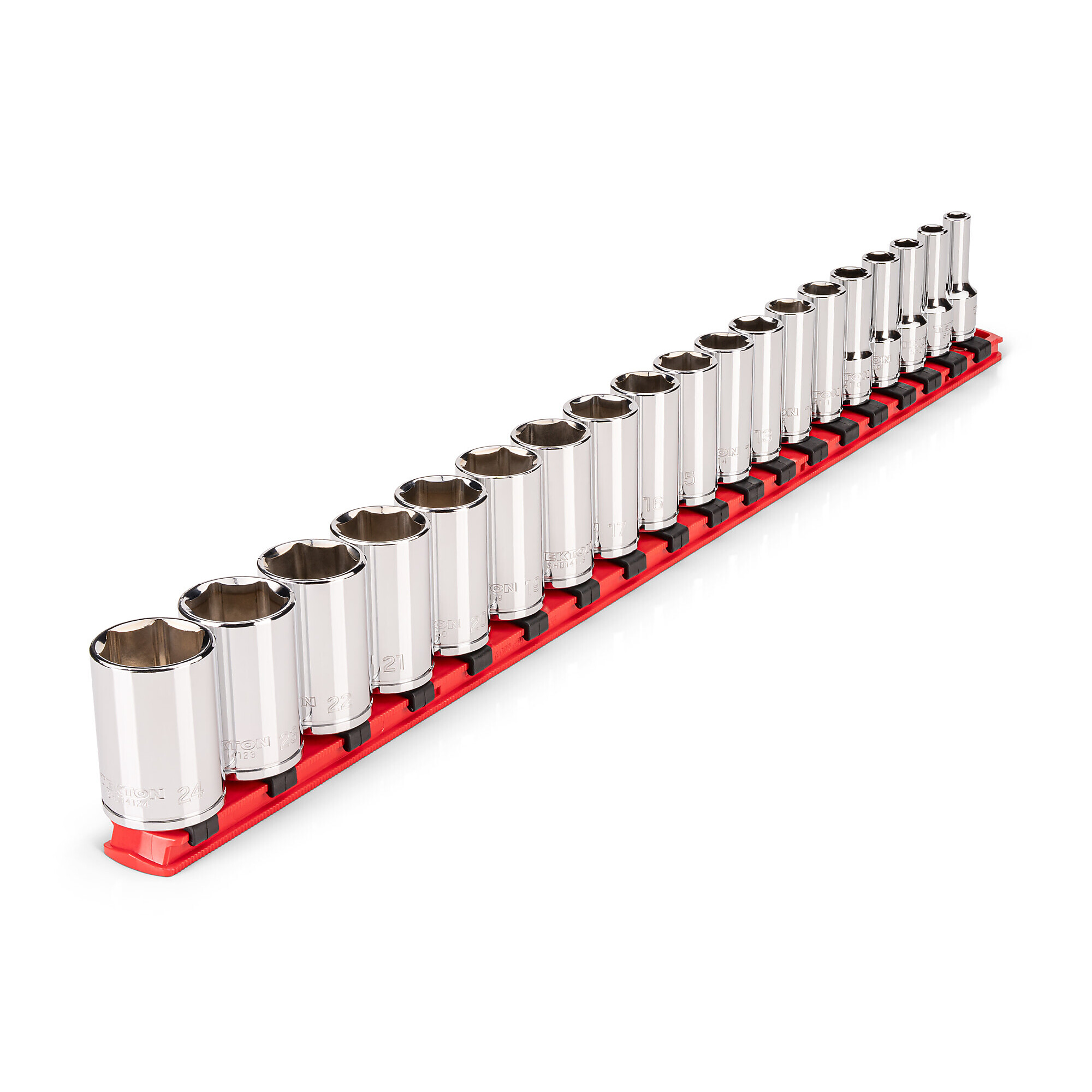 TEKTON 3/8 Inch Drive Semi-Deep 6-Point Socket Set with Rail, 19-Piece (6 - 24 mm) | SHD91120